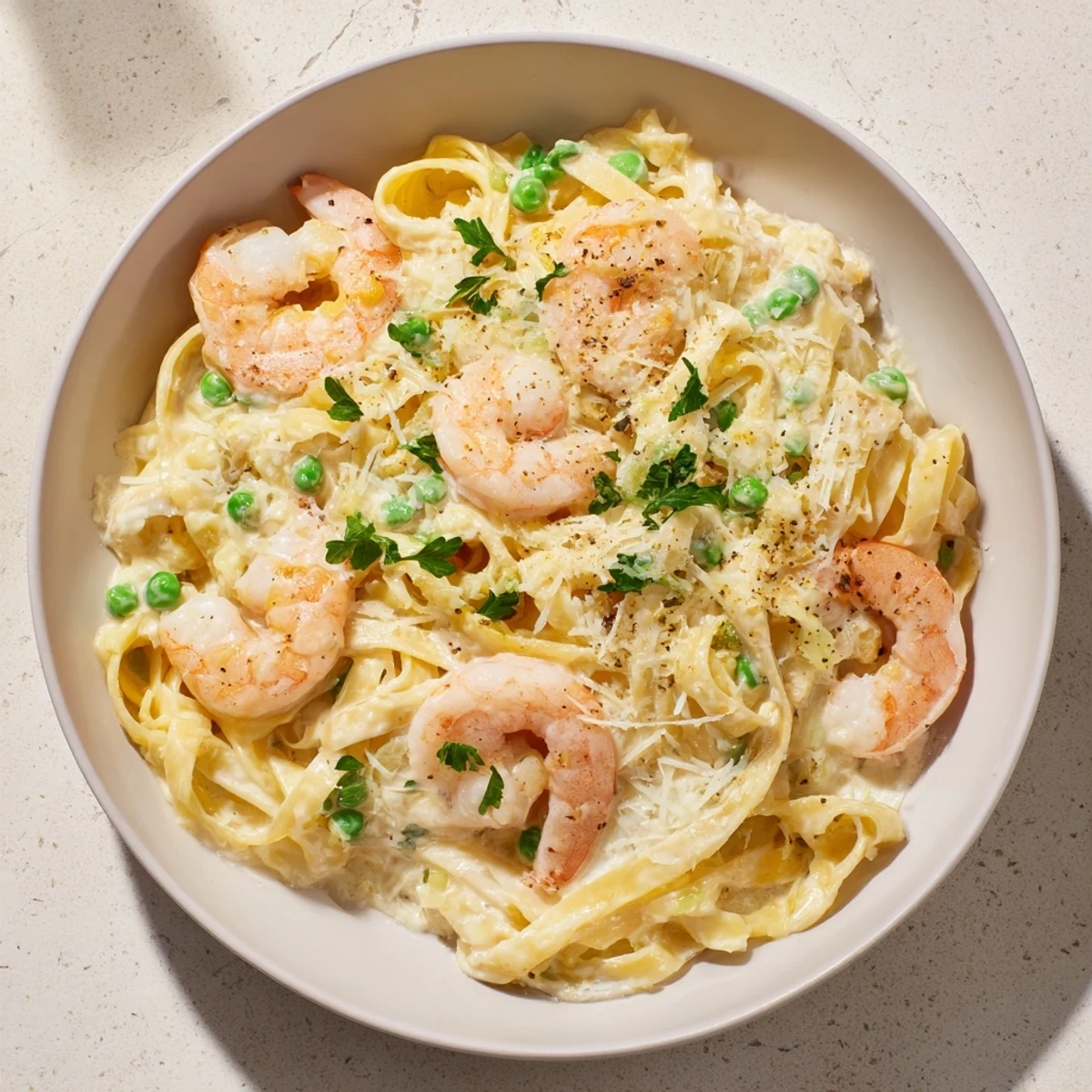 Warm bowl of Instant Pot Shrimp Alfredo Pasta, garnished with parsley, ready to be enjoyed!