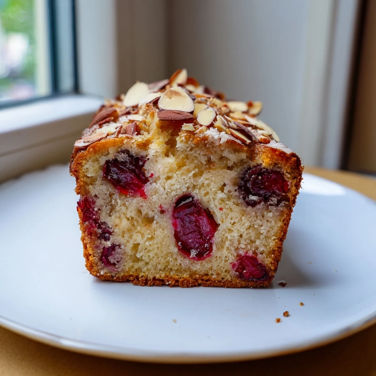 Golden slice of Cherry Almond Loaf Cake, boasting juicy cherries and a crumbly almond topping.