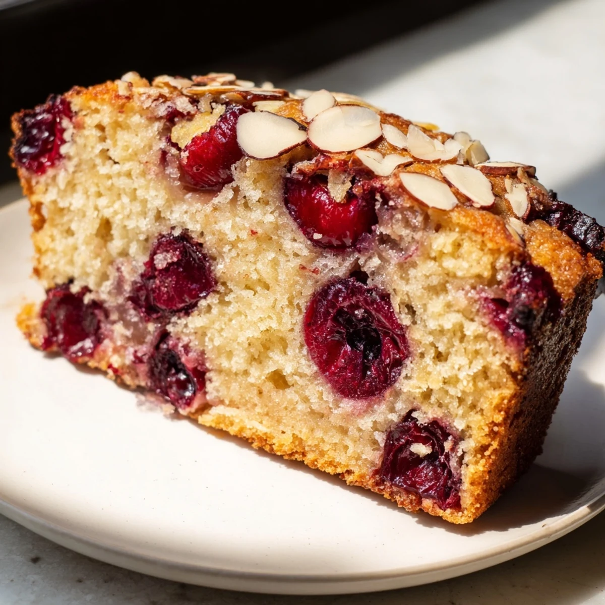 Elegant presentation: a slice of Cherry Almond Loaf Cake, ready to enjoy with coffee or tea.