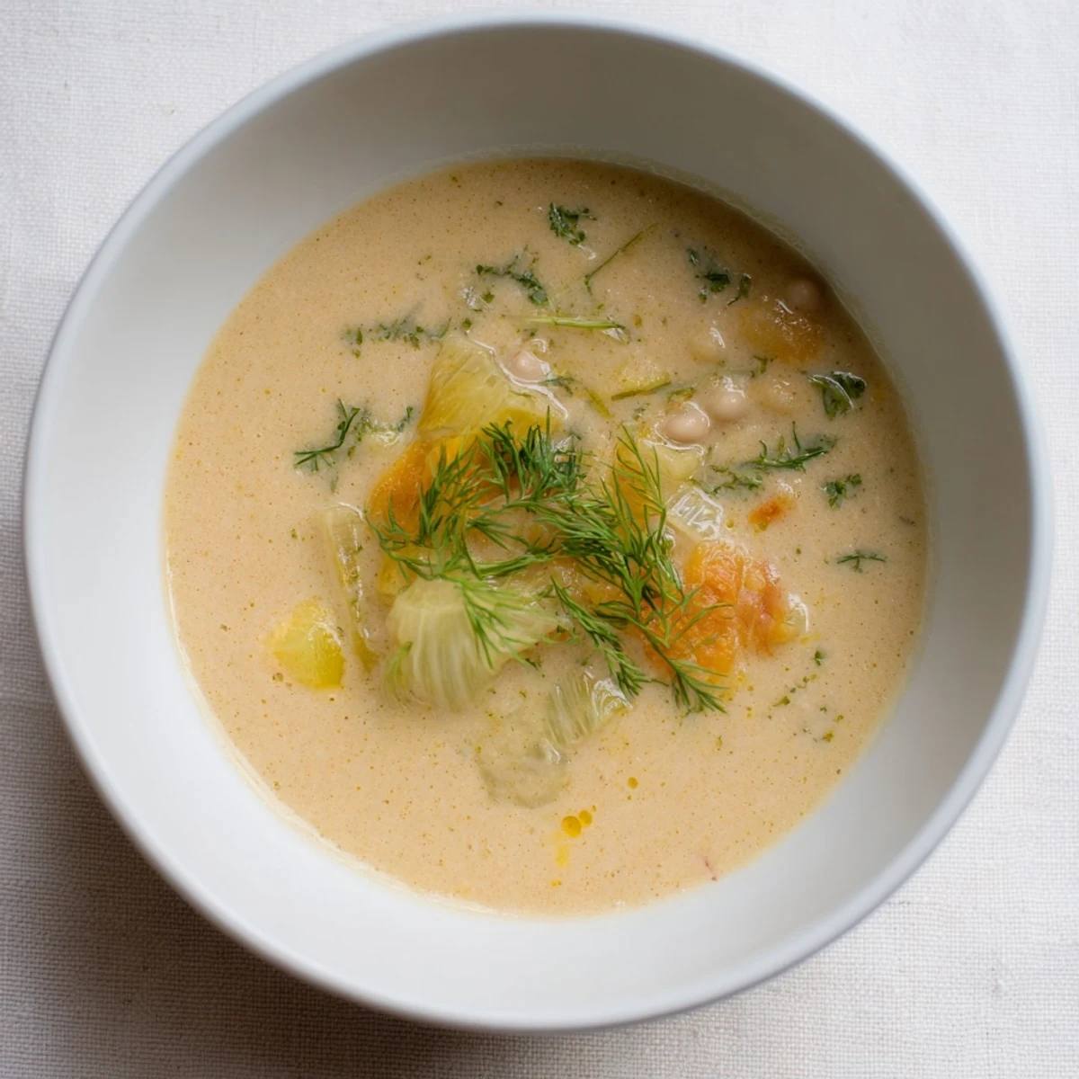 Steaming Simple White Bean and Fennel Soup, creamy texture, garnished with fresh fennel fronds and olive oil.