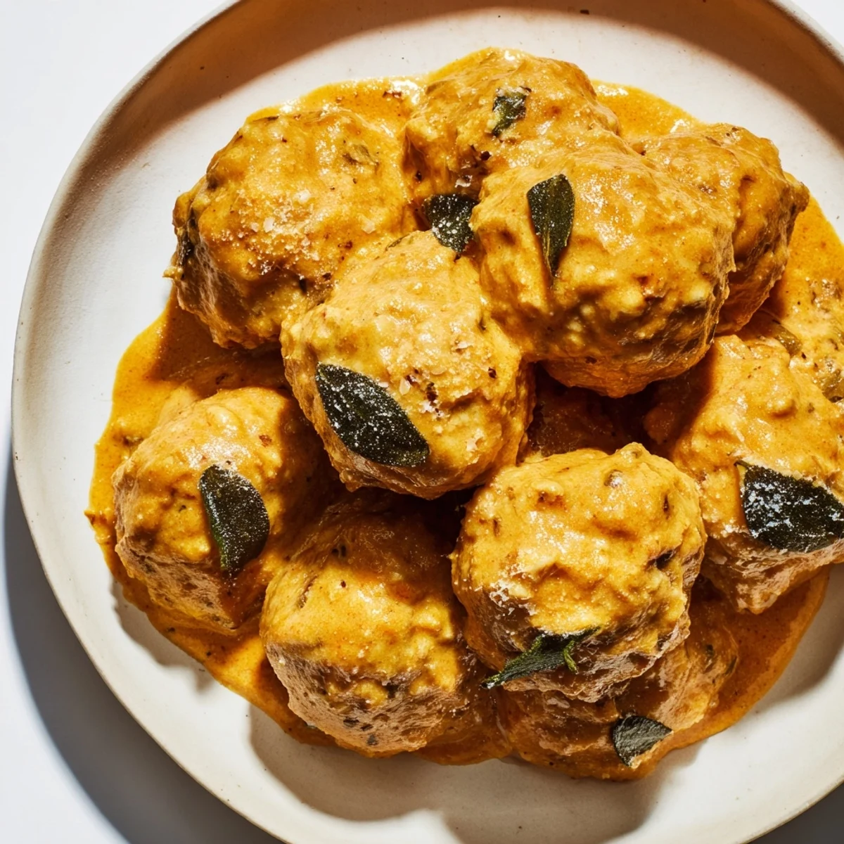 Golden Easy Turkey Meatballs in Pumpkin Sage Sauce bathed in a creamy, savory sauce, ready to serve.