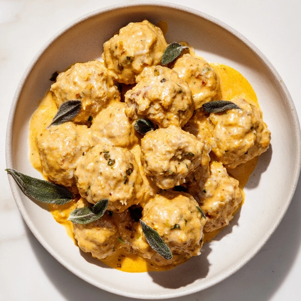 Hearty Easy Turkey Meatballs in Pumpkin Sage Sauce, showcasing the rich pumpkin color with fresh sage garnish.
