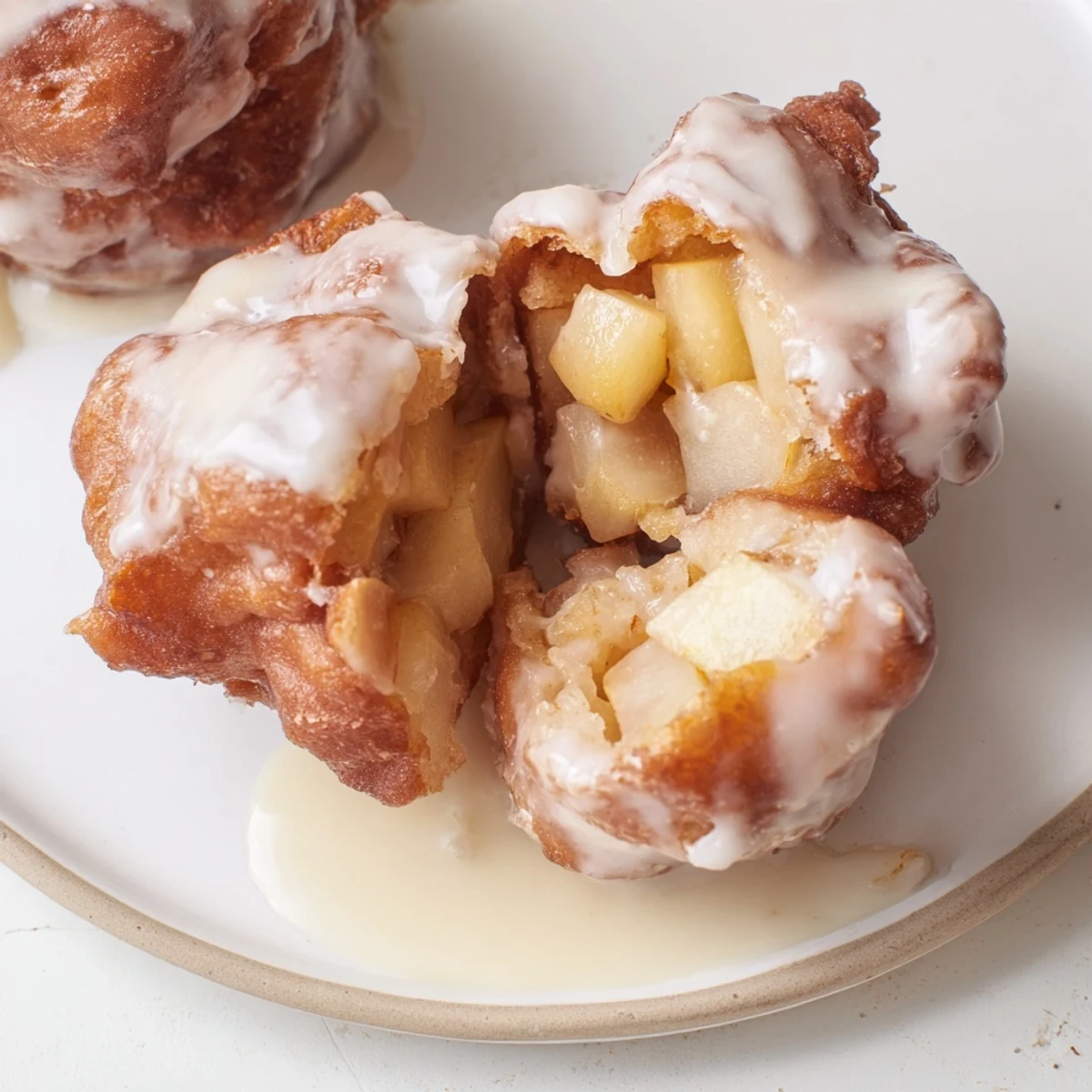 Golden-brown homemade apple fritters, dripping with sweet glaze, perfect for a cozy morning treat.