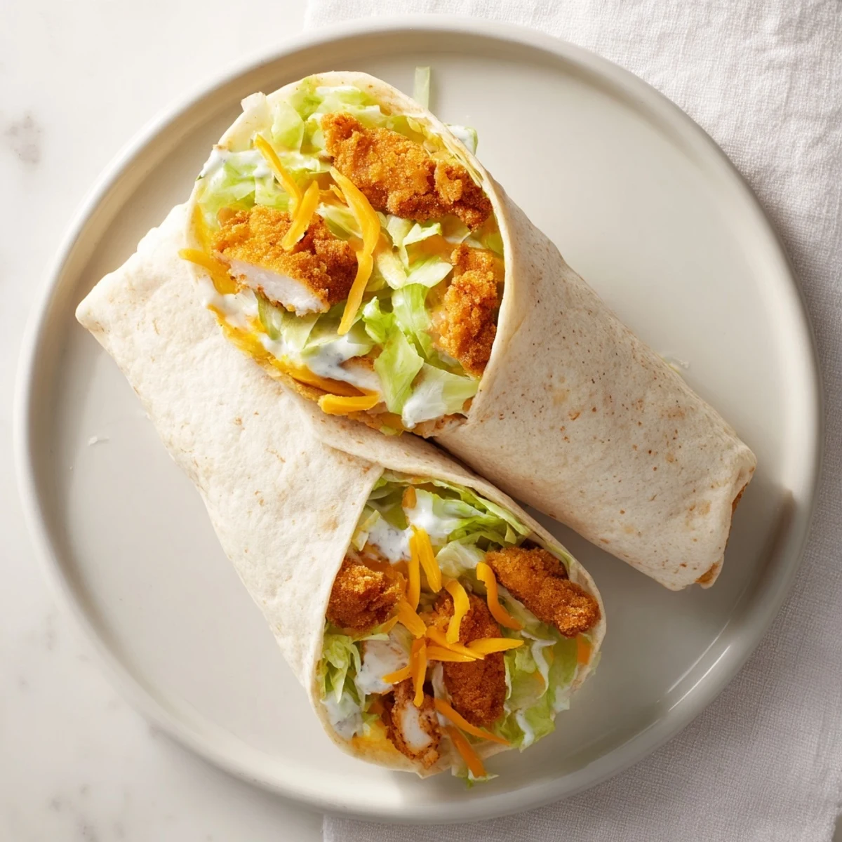 Close-up of a flavorful Crispy Chicken Ranch Snack Wrap, complete with crispy chicken visible on the inside.
