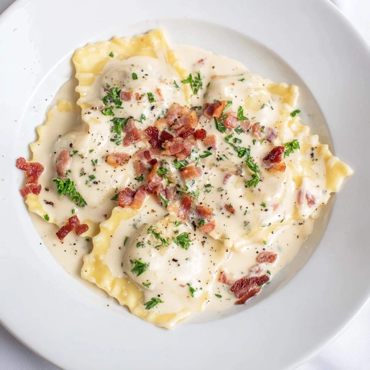 Creamy Olive Garden Ravioli Carbonara with crispy pancetta, topped with fresh parsley and Parmesan cheese.