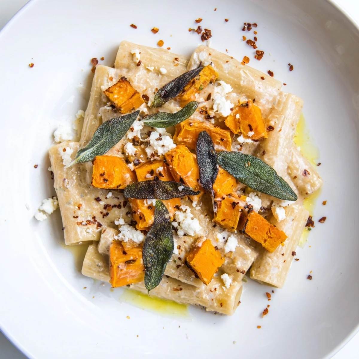 Golden-brown roasted sweet potatoes mixed in with creamy Viral Sweet Potato Goat Cheese Sage pasta, ready to enjoy.
