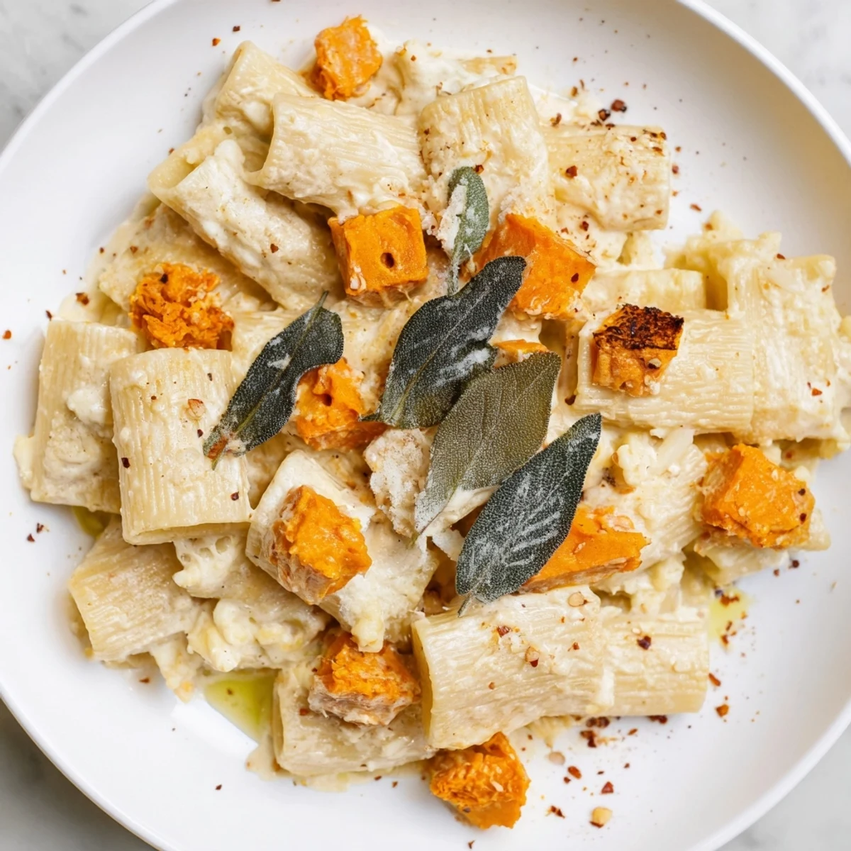 Indulge in this comforting Viral Sweet Potato Goat Cheese Sage pasta, finished with crispy fried sage leaves.