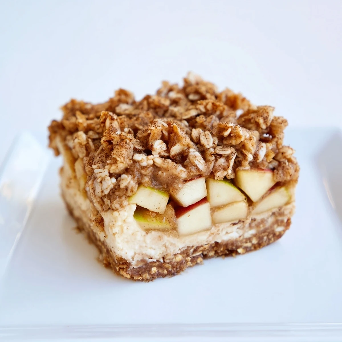 Golden, baked Apple Crisp Cheesecake Bars, a delicious dessert with a crumbly oat topping.