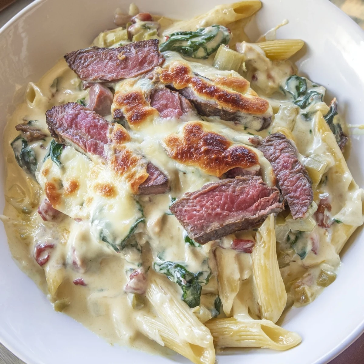 Steaming baked Steak & Spinach Artichoke Pasta Bake with golden mozzarella, ready to serve, looks scrumptious.