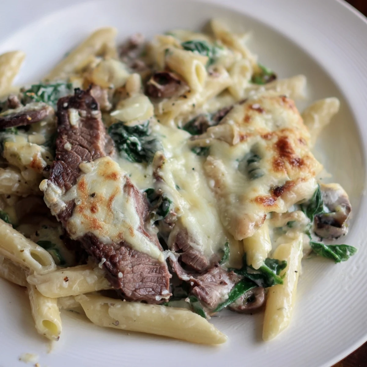 A close-up of Steak & Spinach Artichoke Pasta Bake, bubbling hot, creamy sauce and tender steak visible.