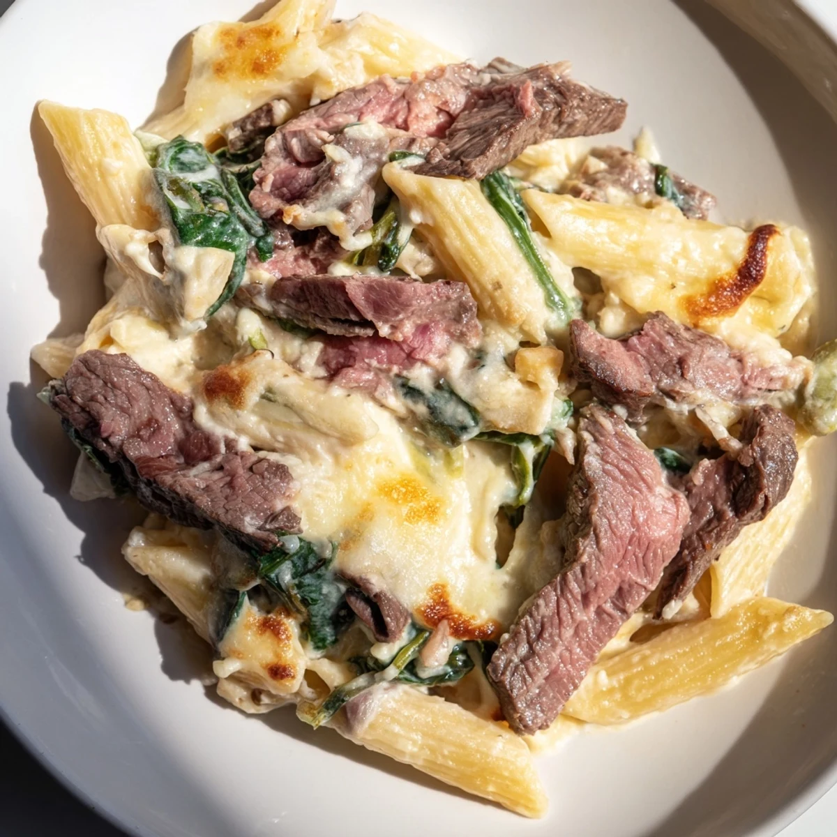 Golden, cheesy Steak & Spinach Artichoke Pasta Bake, a perfect family meal, hearty and comforting in appearance.