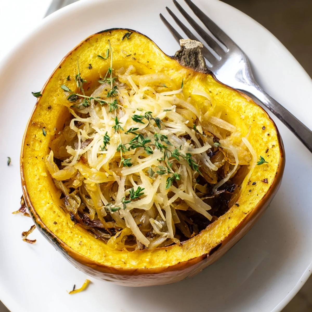 Golden-brown Caramelized Onion Gruyere Squash, stuffed and baked, offers a comforting, savory main dish.