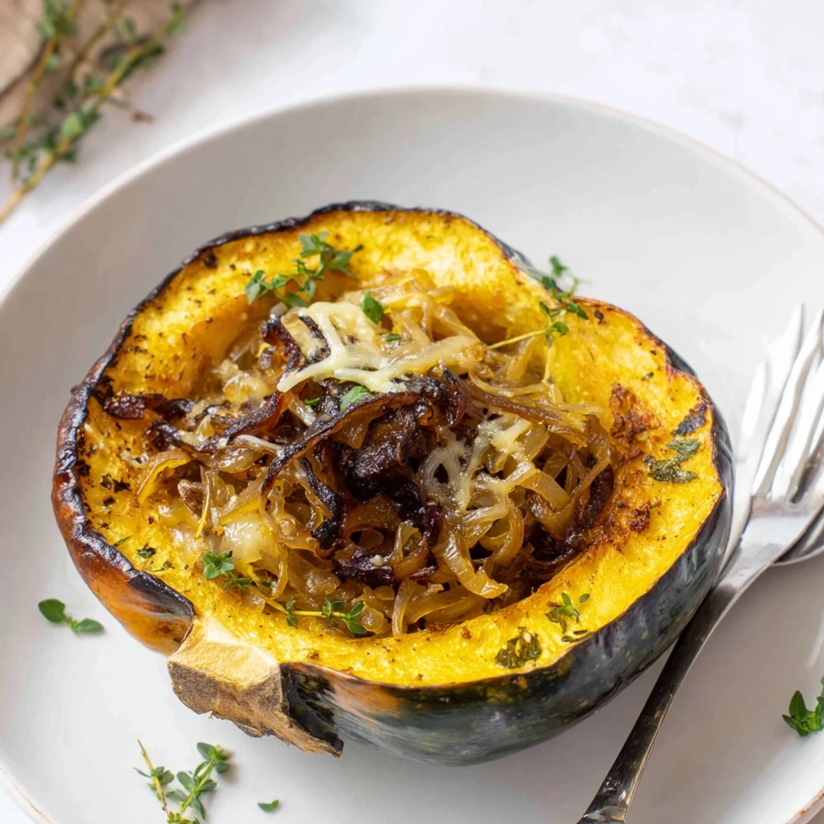 Melty Gruyere tops caramelized onions nestled in tender Caramelized Onion Gruyere Squash halves, ready to serve.