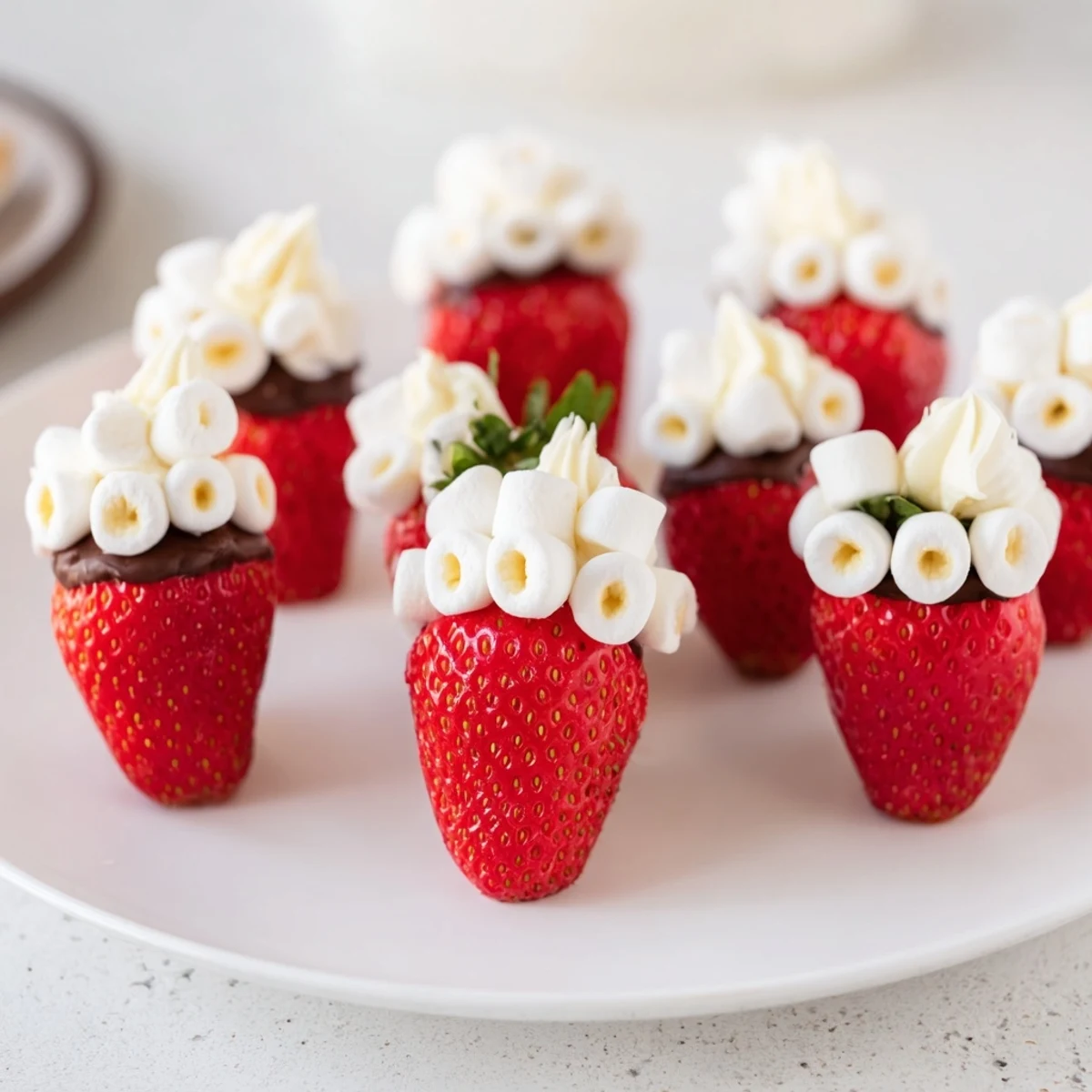 Adorable Air Fryer Santa Hat Strawberries, with melted white chocolate trim and marshmallow tops, a fun holiday project.