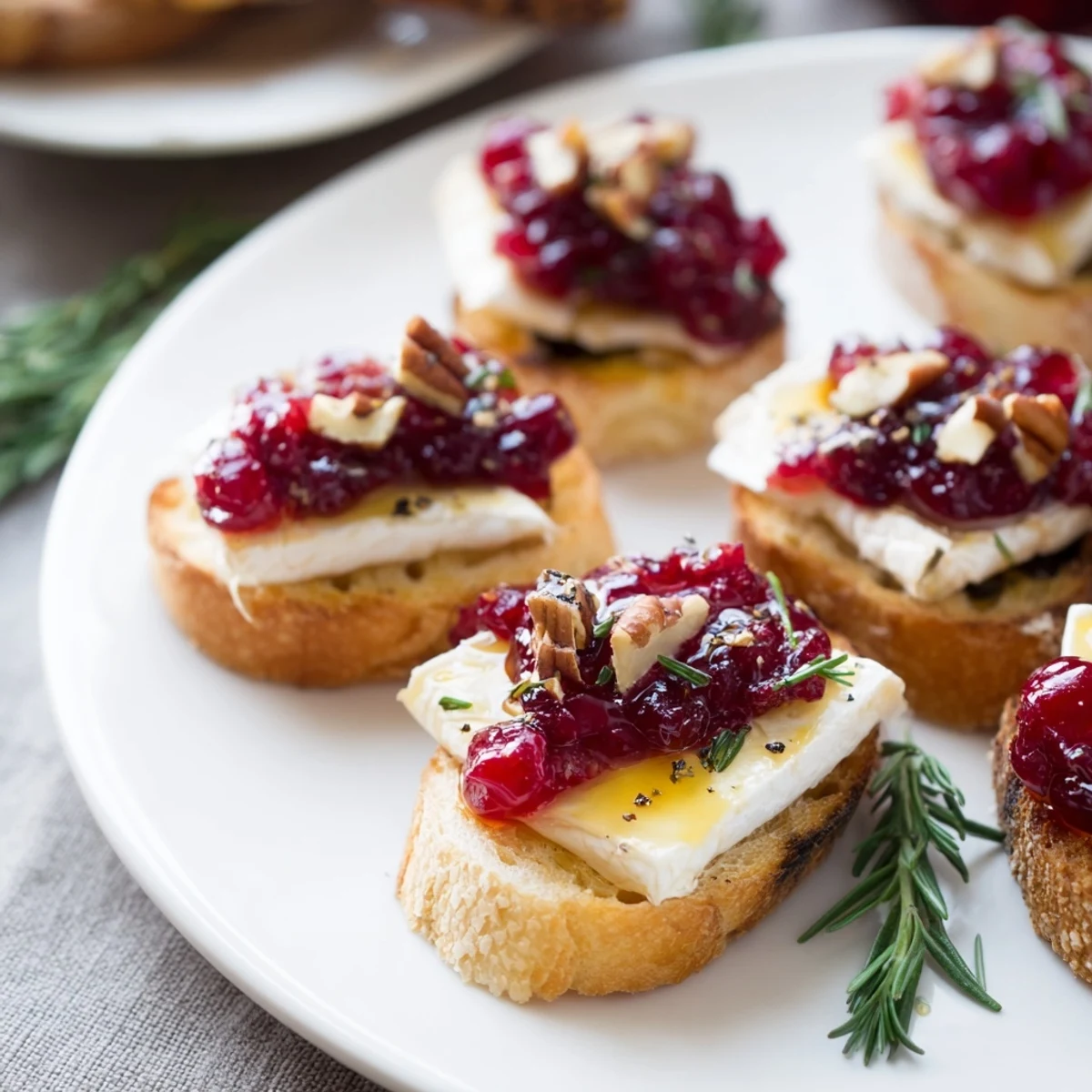 Warm, melty Brie tops each Quick Cranberry Brie Crostini, ready to be enjoyed as a holiday appetizer.