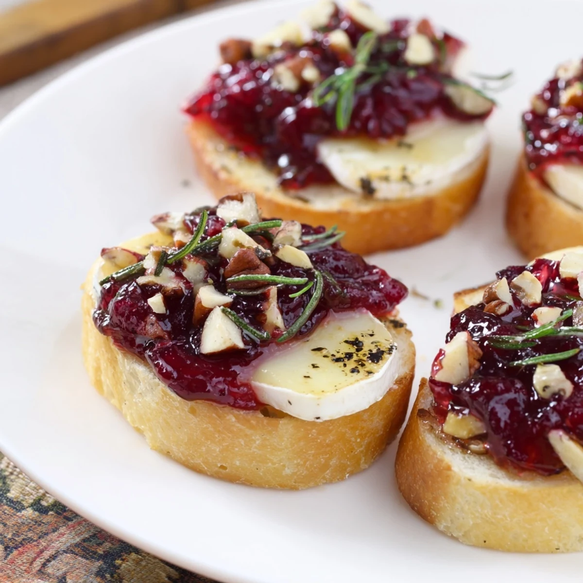 Tangy cranberry sauce glistening atop the delicious Quick Cranberry Brie Crostini, a delightful bite.