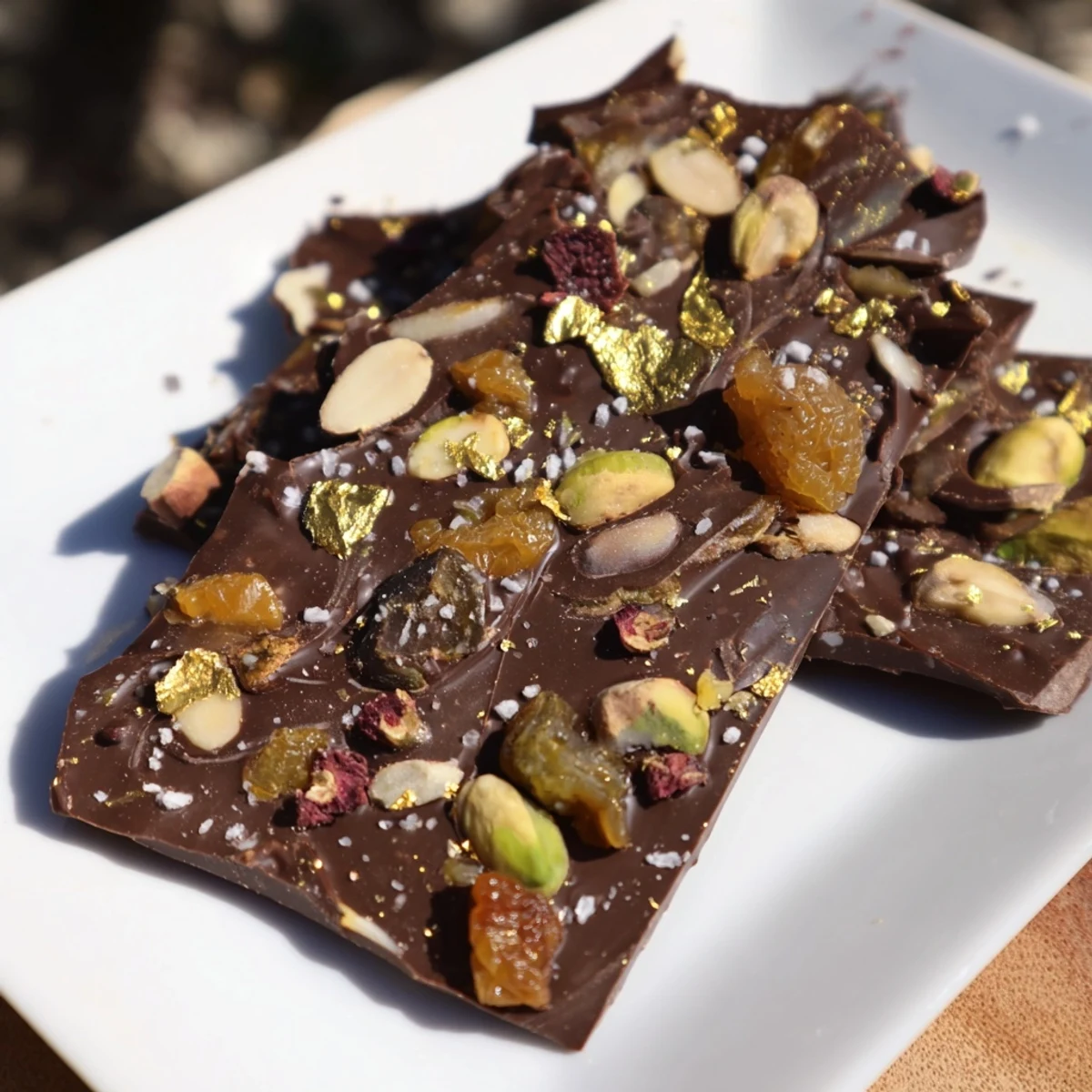 A close up image of the rich, dark Dubai Chocolate Bark sprinkled with colorful nuts and fruit.