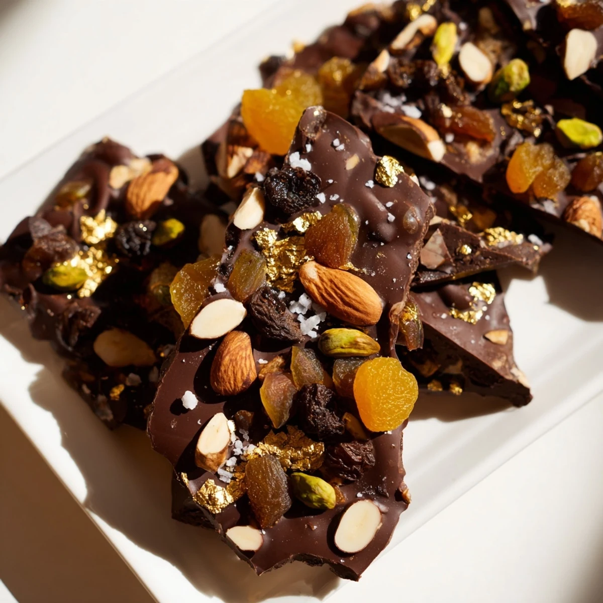 A beautiful rectangle of Dubai Chocolate Bark, a stunning treat with bright fruit and nuts visible.