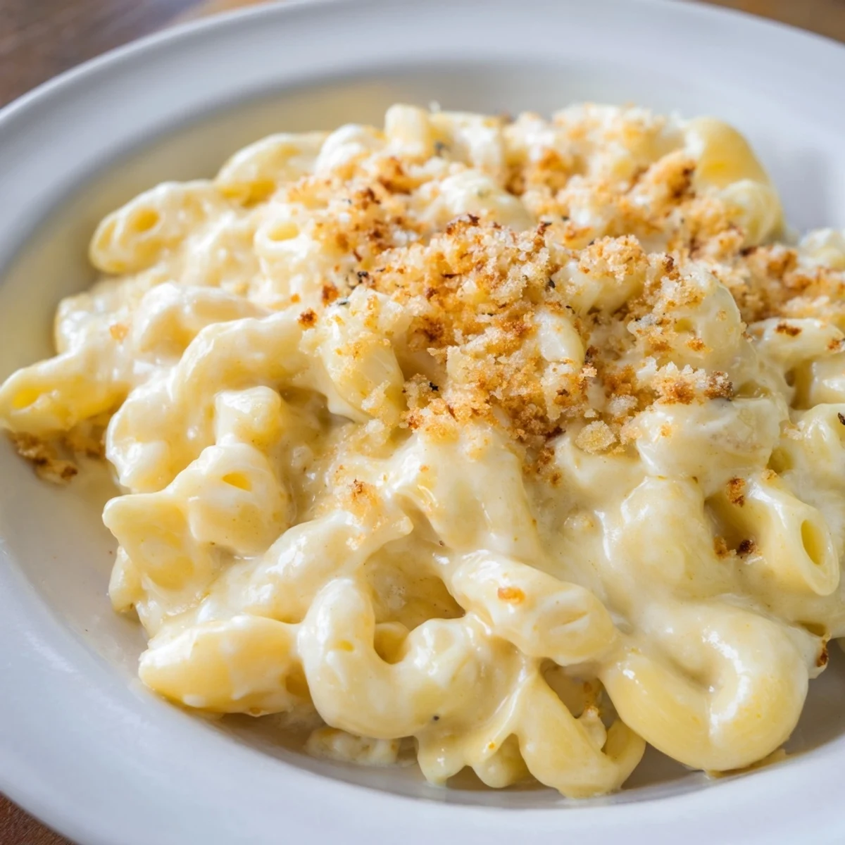 A steaming bowl of Easy Tinis Mac & Cheese, with bubbly cheese and golden breadcrumb topping.