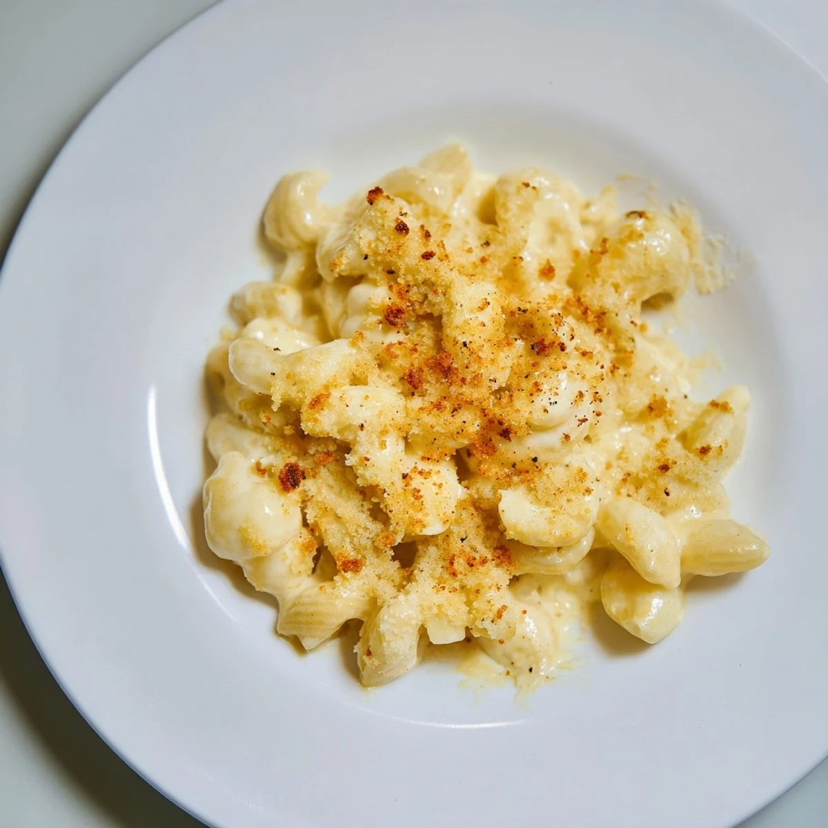 Close-up of creamy Easy Tinis Mac & Cheese, showcasing the perfectly melted cheddar and mozzarella.