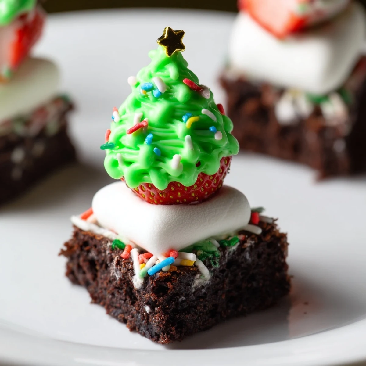 Fudgy Express Christmas Tree Brownie Hats, bursting with sprinkles and green chocolate, ready for dessert.