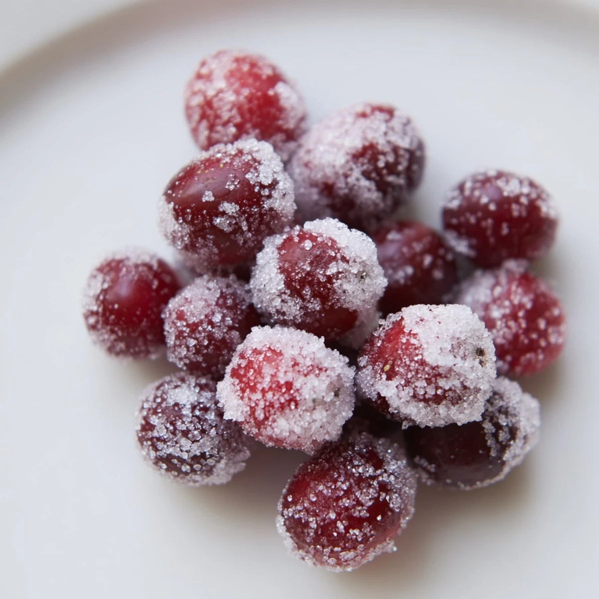 Shiny, sugared Vegan Candied Cranberry garnish, a festive, bright topping for your holiday treats.