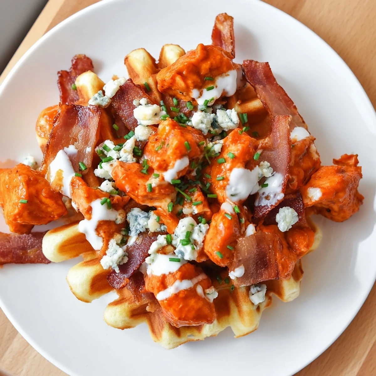 Golden, buffalo-sauced chicken sits atop a waffle with bacon pieces in these easy Buffalo Chicken Bites.