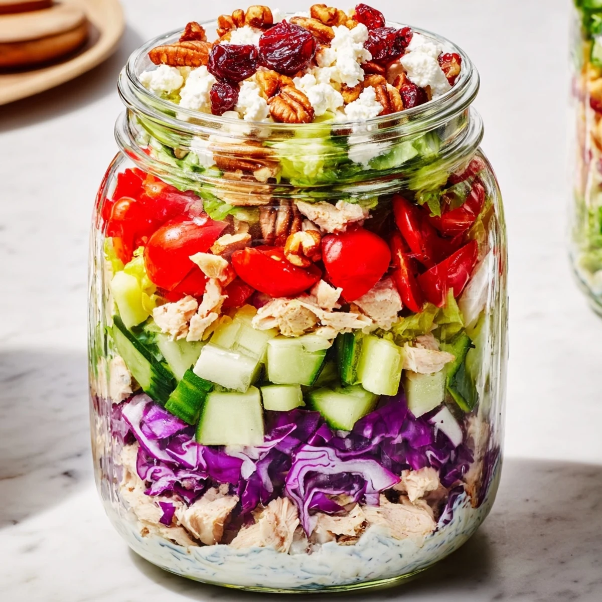 Layered Holiday Chopped Chicken Salad Jar with colorful layers ready for a festive gathering.