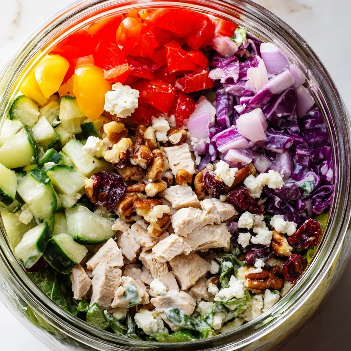 Vibrant image of a Layered Holiday Chopped Chicken Salad Jar, ideal for easy, delicious meal prep.