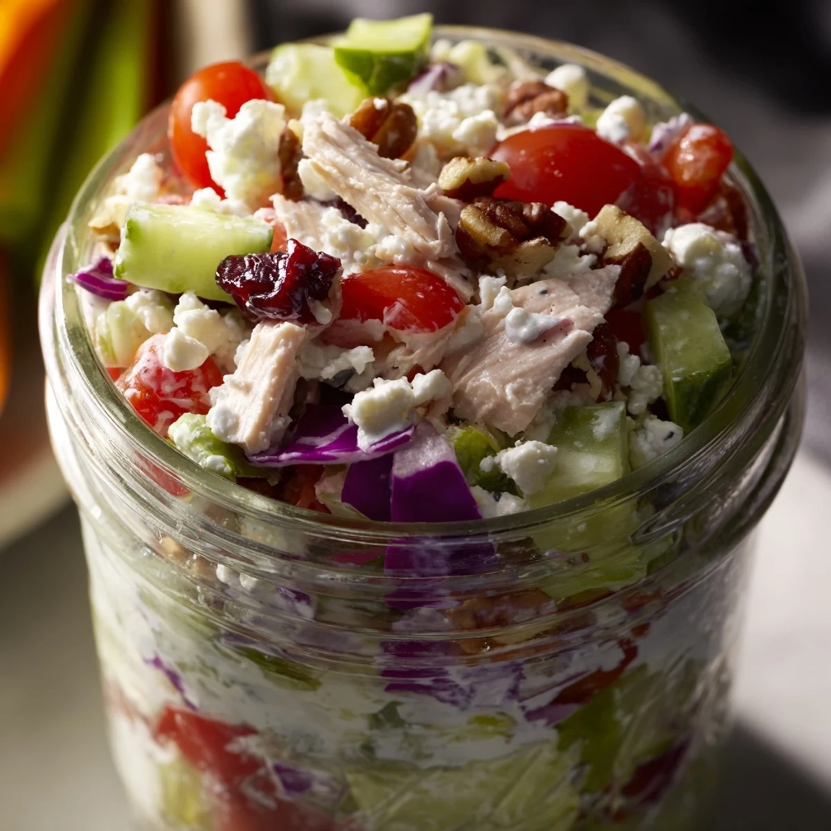 Beautifully layered Layered Holiday Chopped Chicken Salad Jar, featuring chicken, veggies, and creamy dressing.