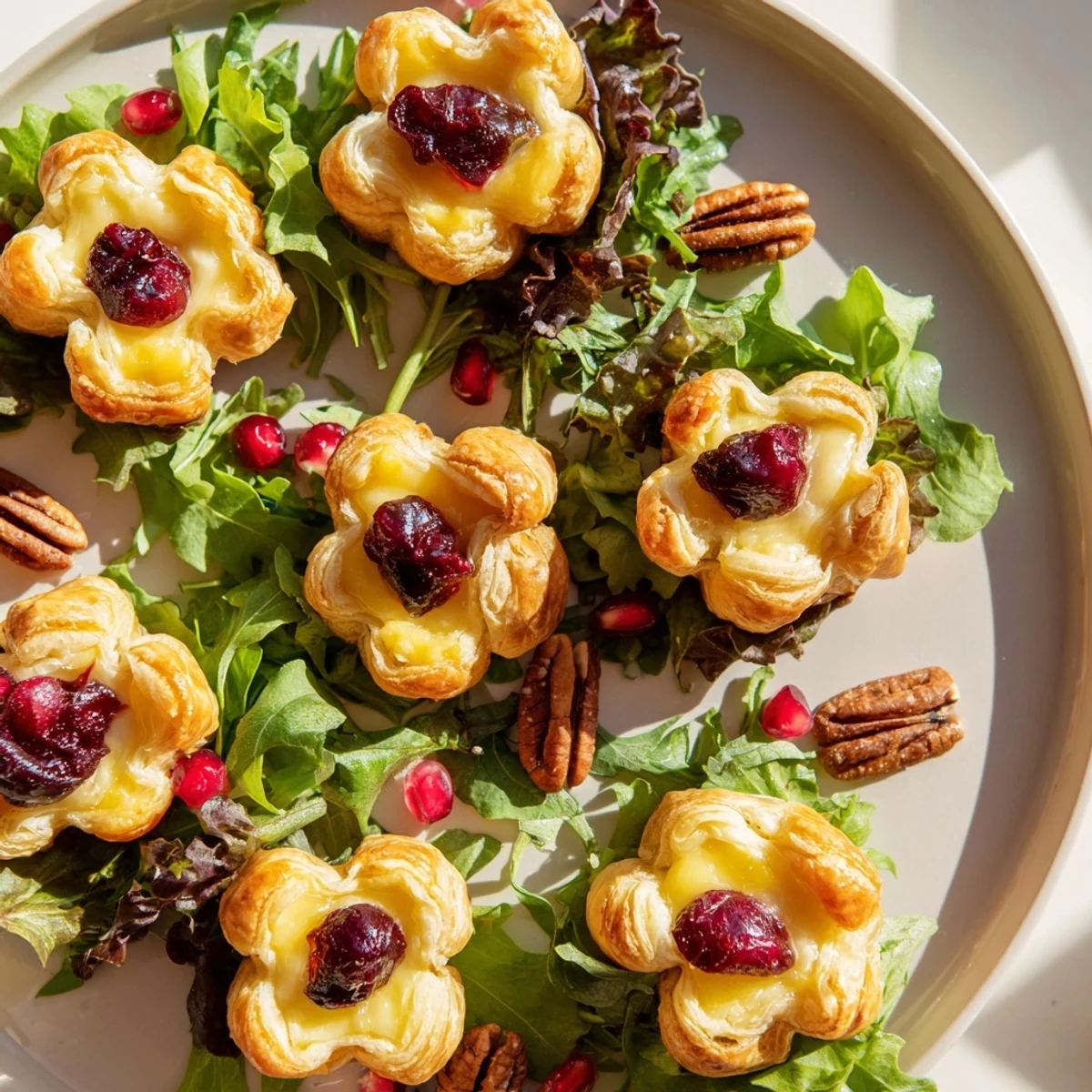 Golden baked Cranberry and Brie Flower Bites, warm brie oozing from the flaky pastry's center, ready to enjoy.