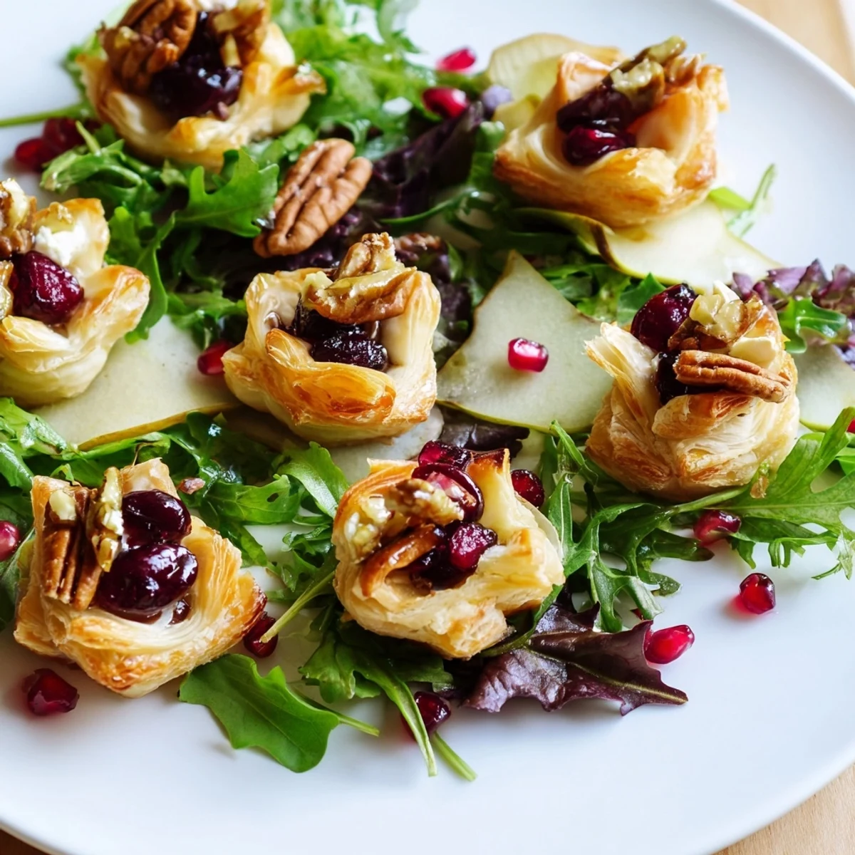 Fresh salad topped with vibrant Cranberry and Brie Flower Bites, a beautiful appetizer showcasing holiday flavors.