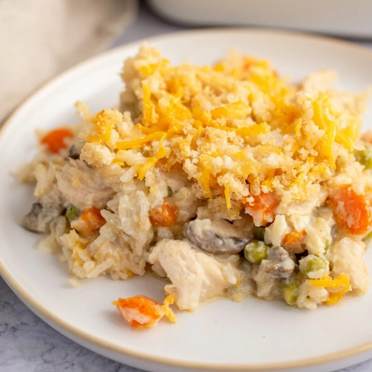 A hearty Chicken and Wild Rice Bake, filled with vegetables and tender chicken, in a baking dish.