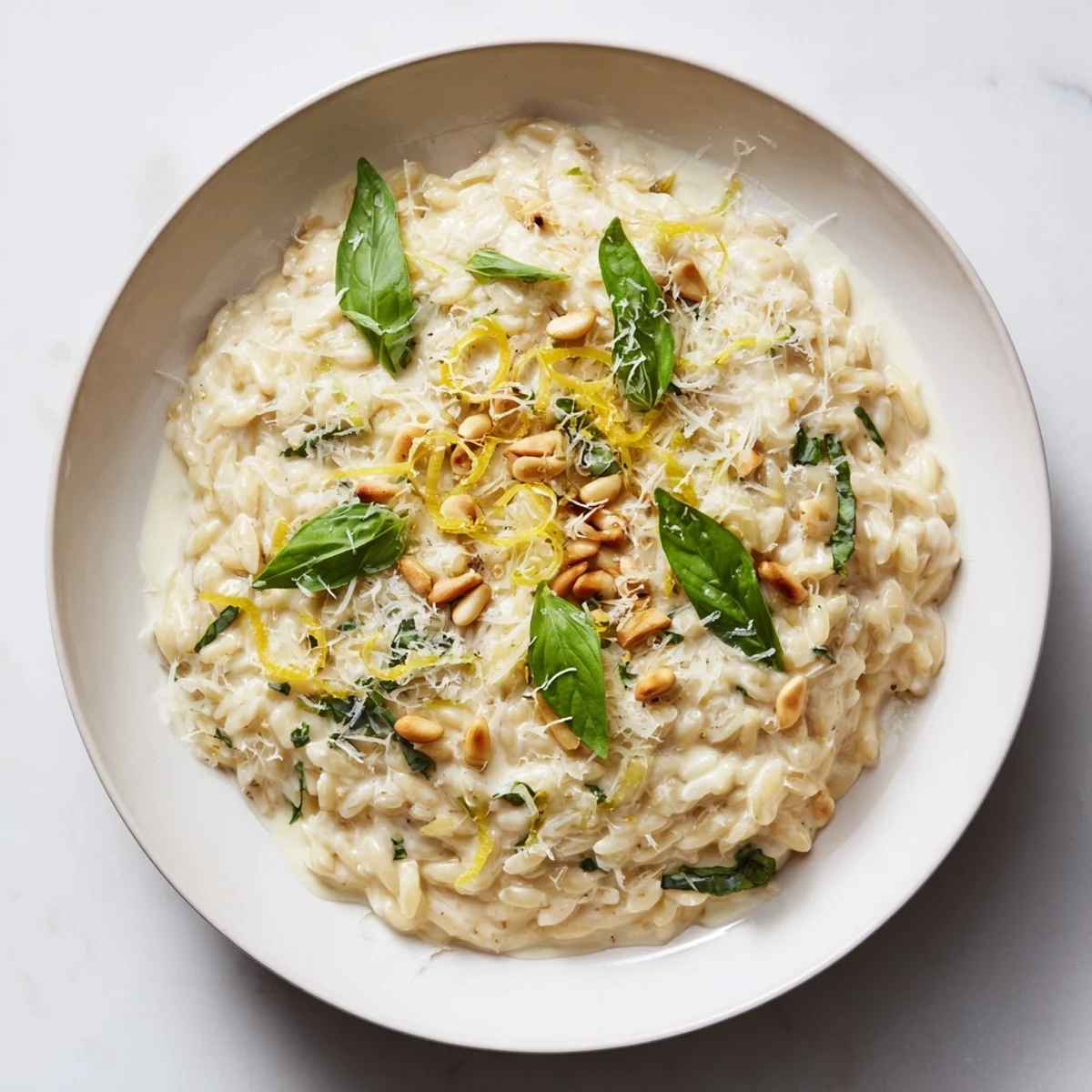 A close-up shot of rich and creamy 15-Minute Pesto Risoni, garnished with fresh basil leaves.