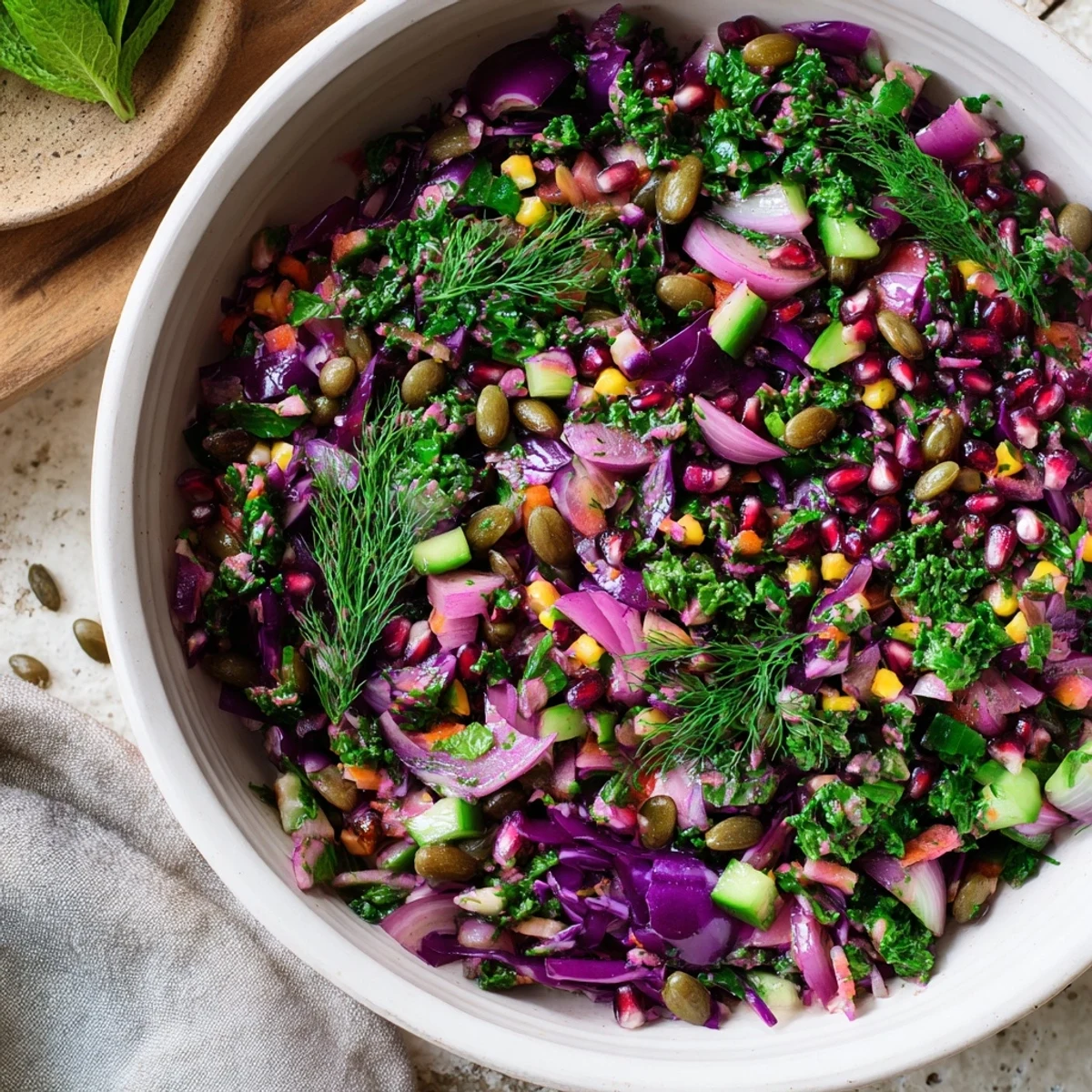 Tangy Shirazi-Inspired Winter Slaw tossed in a bright citrus dressing, promising a zesty crunch.