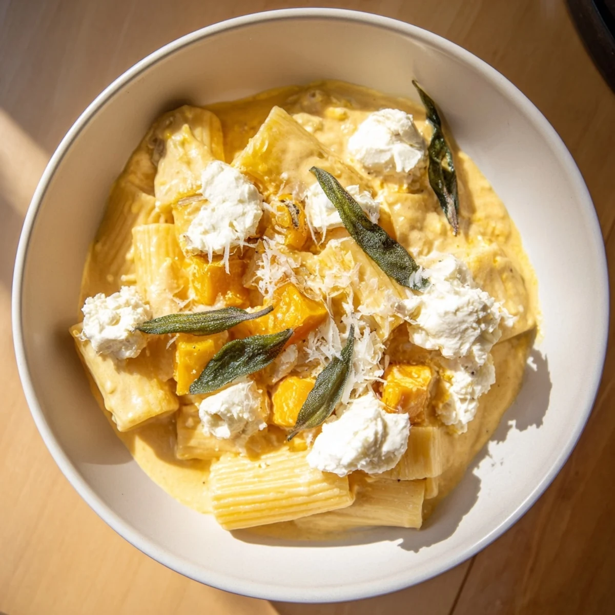 Golden roasted butternut squash and sage goat cheese pasta, ready to warm up any chilly evening.