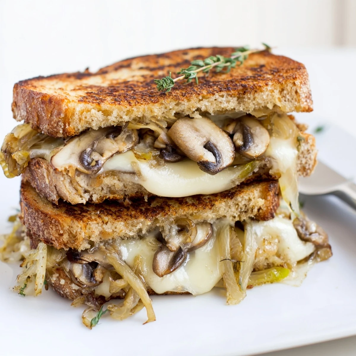 Savory and cheesy Roast Garlic Mushroom & Thyme Grilled Cheese, with visible mushrooms and herbs, a comfort food classic.