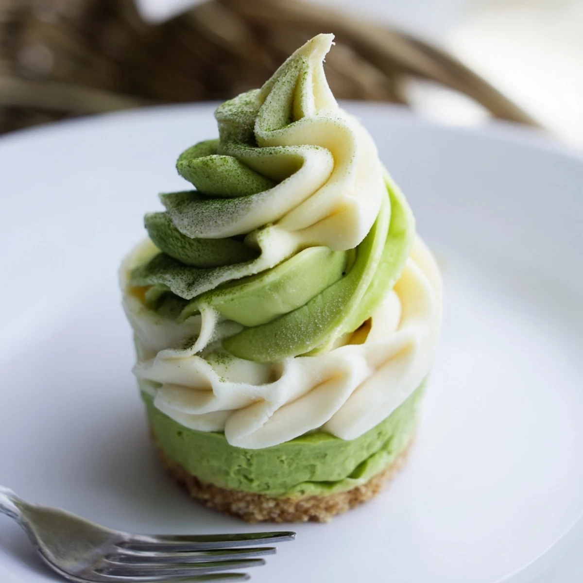 Indulge in these chilled Matcha Swirl Snowdrift Cheesecake Cups, a layered dessert with a rich biscuit base.