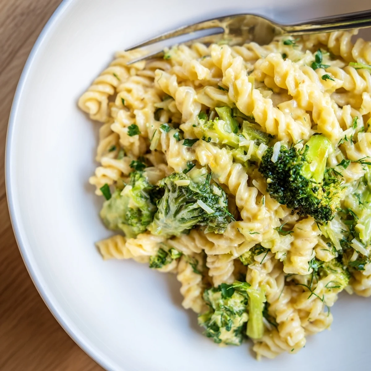 A creamy bowl of Green Goddess Broccoli Cheddar One-Pot Pasta, garnished with fresh herbs and lemon.