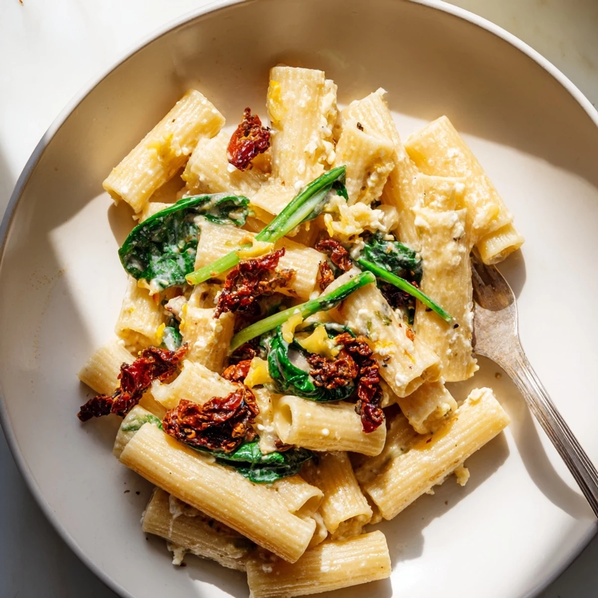 Creamy Sun-Dried Tomato Spinach Cottage Cheese Pasta, ready to serve with Parmesan and fresh basil.