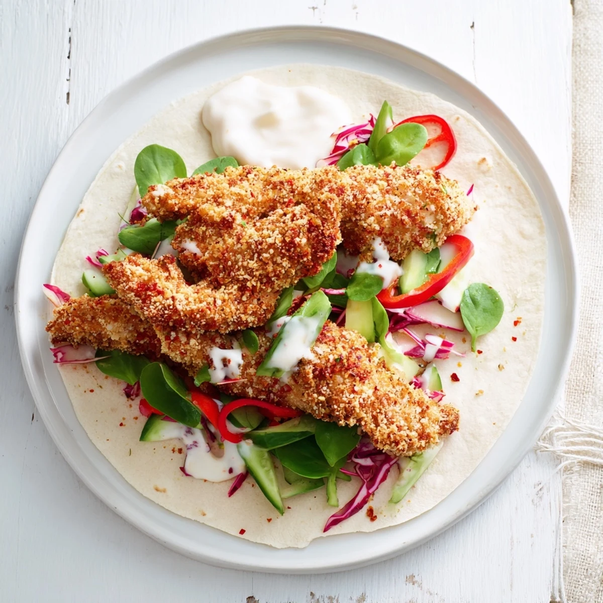 Candy Cane Crunch Chicken Veggie Wrap, boasting crispy chicken and a vibrant mix of colorful vegetables inside.