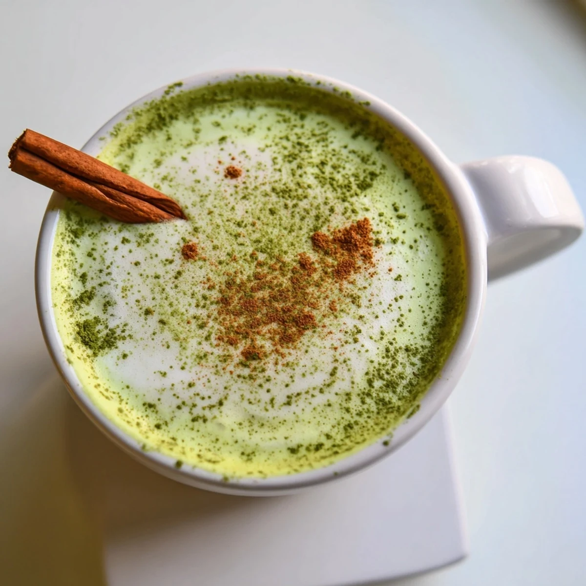 A warm mug of Maple Cinnamon Gingerbread Matcha Oat Latte, topped with cinnamon, ready to enjoy.
