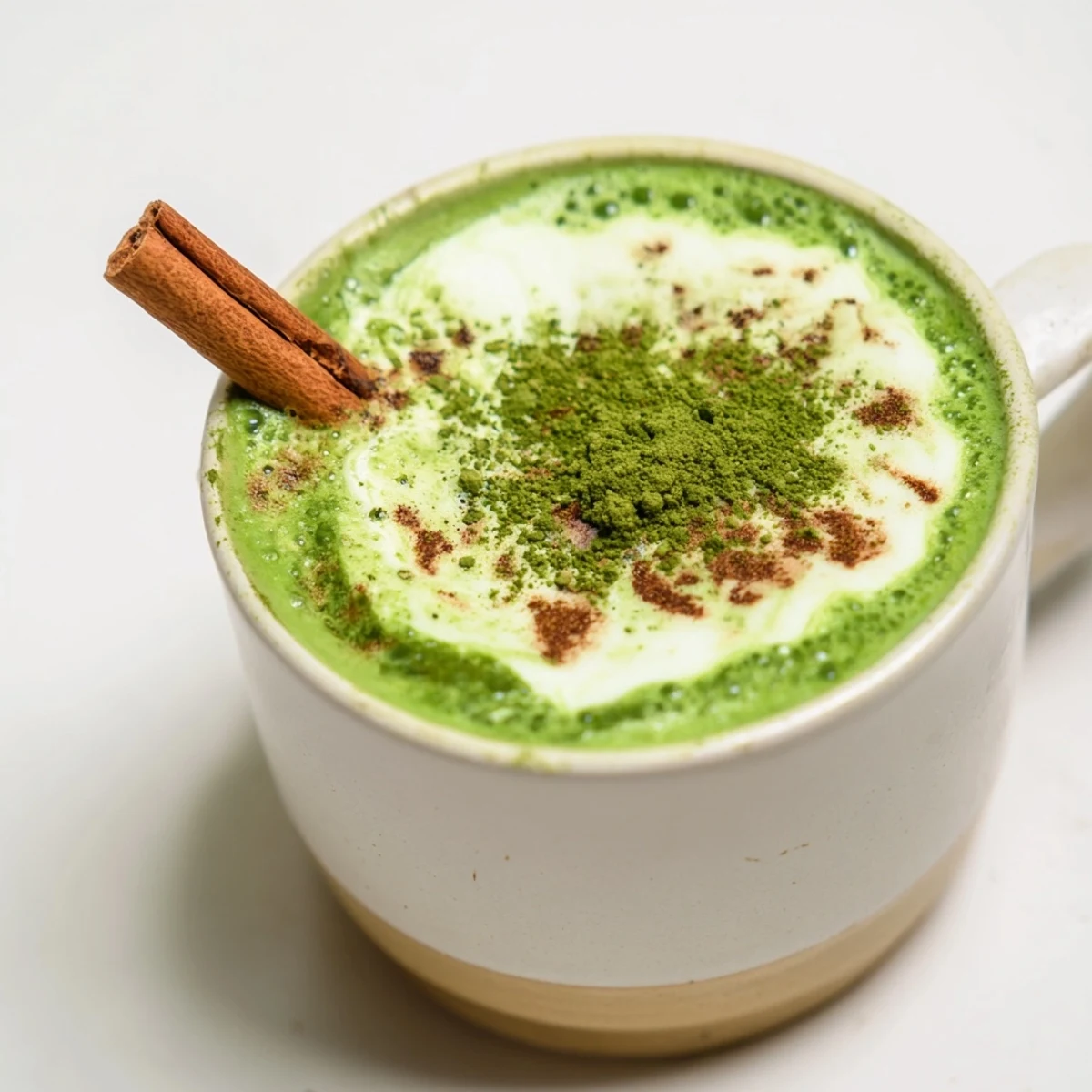 Golden-hued Maple Cinnamon Gingerbread Matcha Oat Latte, served steaming in a cozy mug, perfect for fall.
