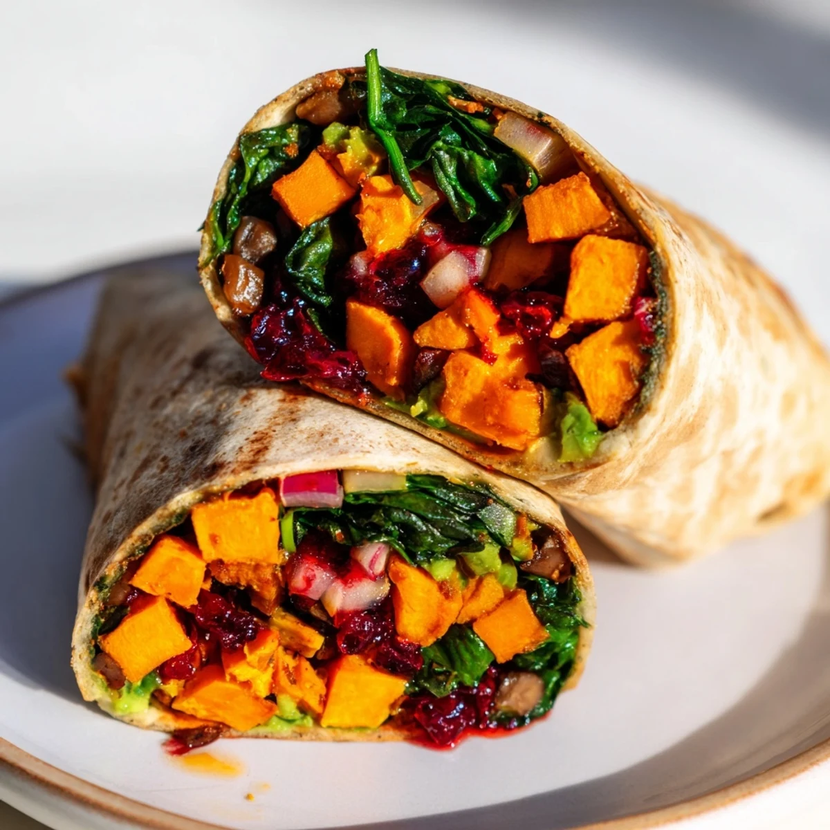 Golden roasted sweet potato and black bean holiday wraps, bursting with color and flavor.