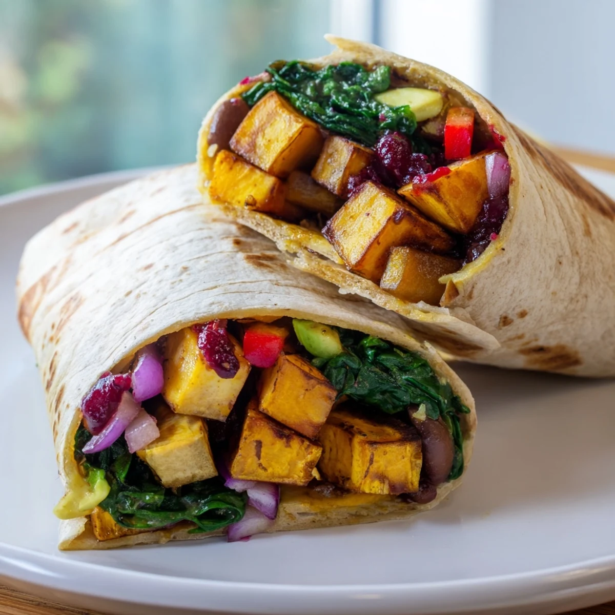 A beautifully composed shot: perfectly rolled Roasted Sweet Potato & Black Bean Holiday Wrap, ready to eat.