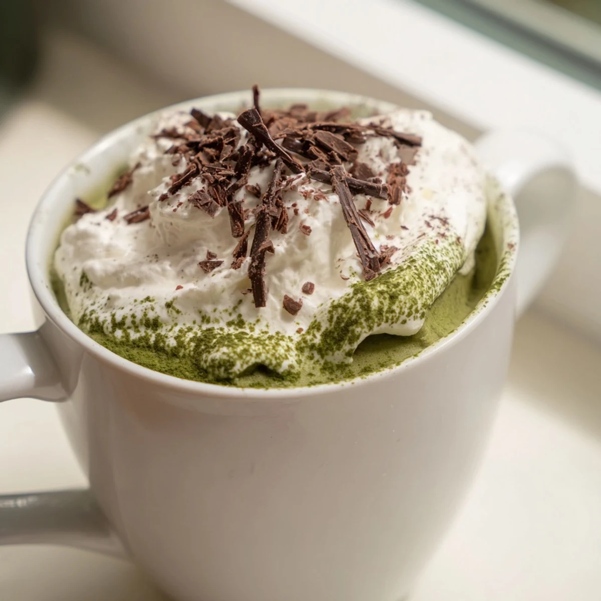 Steaming Matcha Hot Cocoa Protein Mug topped with whipped cream, ready for a cozy treat.