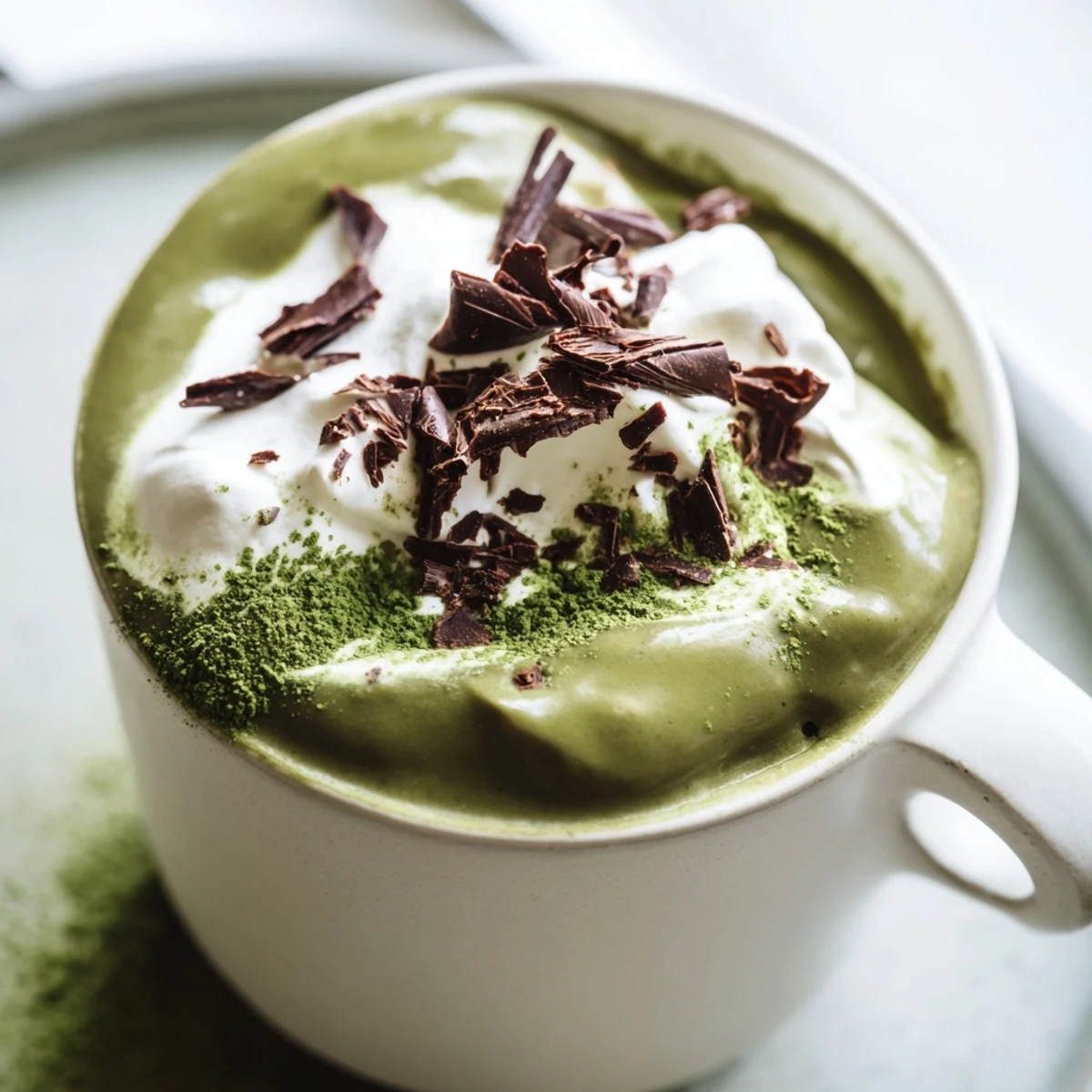 Rich, dark Matcha Hot Cocoa Protein Mug, a quick and delicious high-protein breakfast option.