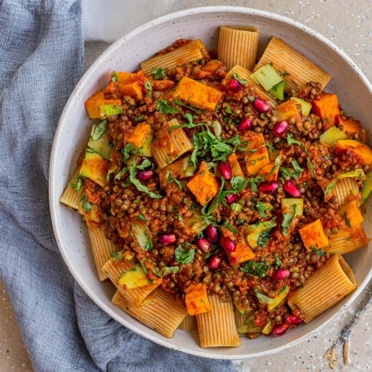 Close-up of a rustic plate of High-Fiber Lentil Bolognese, offering rich flavors and textures with pomegranate.