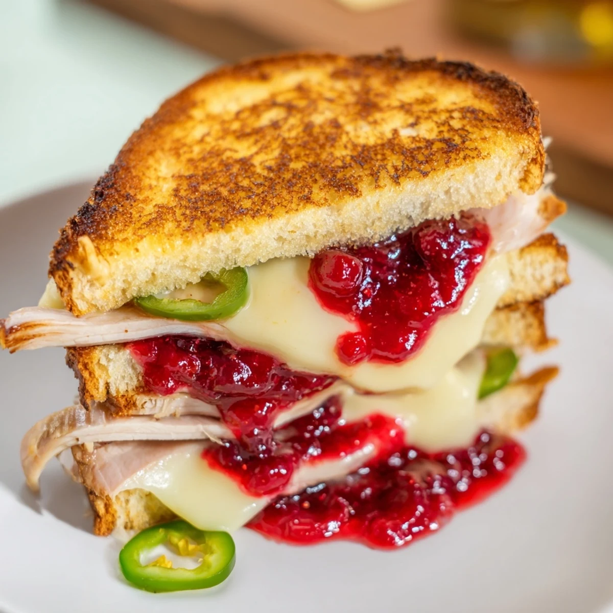 A delicious Air Fryer Jalapeño Cranberry Turkey Grilled Cheese, oozing with cheese, perfect for a cozy lunch.
