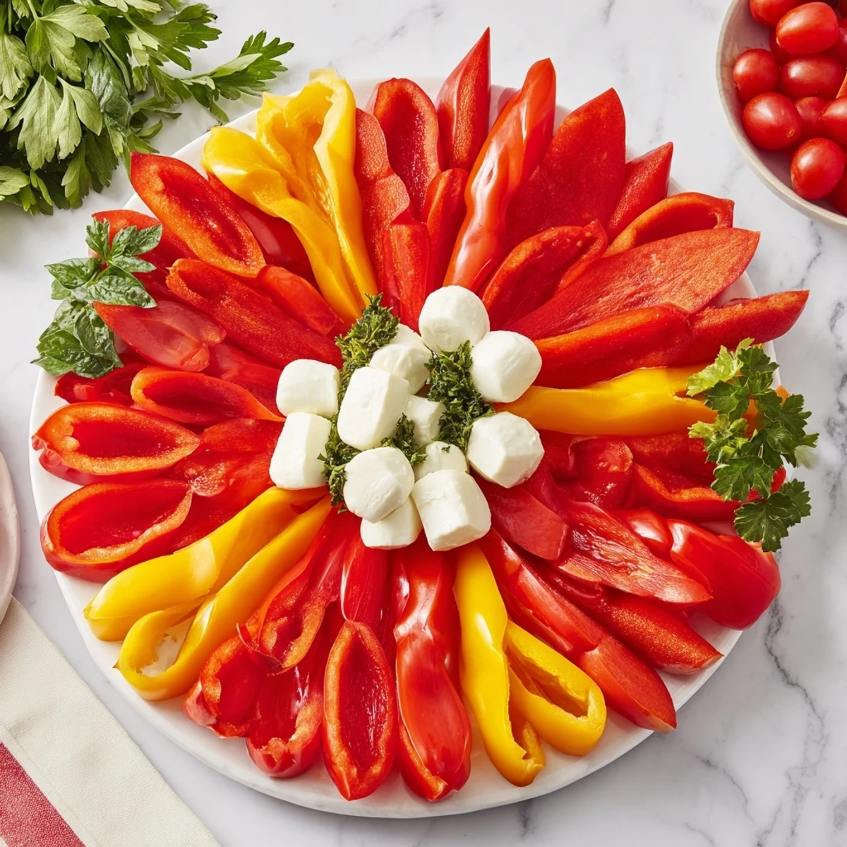 Festive Poinsettia Platter: A vibrant, colorful appetizer with red bell pepper "petals" and creamy cheeses.